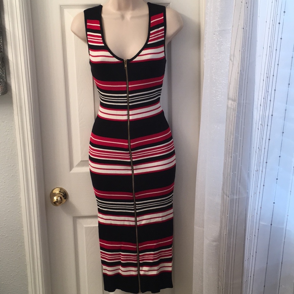 Striped Ribbed Zipper Midi Dress
